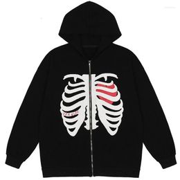 Men's Hoodies Men's & Sweatshirts Hip Hop Streetwear Men Clothing Harajuku Loose Pullover Skeleton Printed Zip Up Hoodie 2022 Black