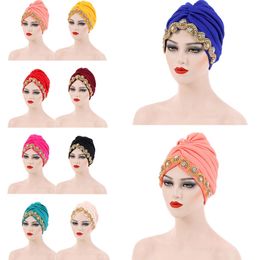 Muslim Folds Turban Hat Female Warm Headscarf Bonnet Hat Winter Elastic Head Cover Caps Women Solid Colour Rhinestone India Hats