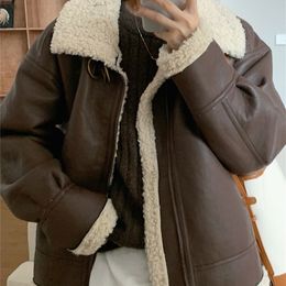 Women's Fur Faux Yitimoky Coat for Women Winter Jacket Lambswool Sheepskin Loose Warm Thicken Locomotive Female Black Pu Outwear 220928