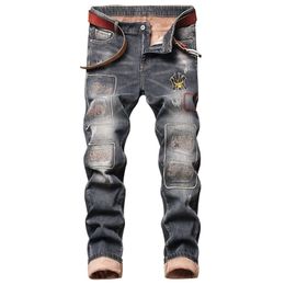 Mens Jeans mens Plus Velvet Winter Large Size slimfitting Straight Hole Patch Embroidery Thick 220928