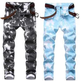 Men's Jeans Mens watercolor paint elastic denim pants fully prints slimming casual jeans street fashion men 220927