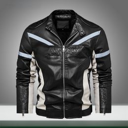 New Men PU Leather Jacket Reflective Strip Warm Fleece Mens Motorcycle Jackets Zipper Fashion Windbreaker Outwear Coats