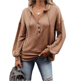 Women's Hoodies Sweatshirts Autumn Women Button Drawstring Loose Hooded Sweatshirt Casual VNeck Solid Color Long Sleeve Henley Shirt Lady Pullover Hoodies 220928