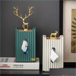 Tissue Boxes Napkins European Golden Deer Rectangar Box Resin Striped Standing Storage Canister Crafts Living Room Desktop Home Drop Dhdmo