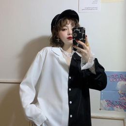 Women's Blouses 2022 Spring Punk Shirt Women Korean Dark Black Design Sense Niche Contrast Colour Suit Collar Loose Long-sleeved Blouse