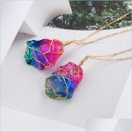 Pendant Necklaces Natural Stone Pendant Necklace Irregar Rainbow Crystal Slice Sweater Chain Jewellery For Women Christmas Drop Deliver Dhqyf