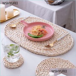 Mats Pads 1Pcs Japanese Style Rattan Bohemian Tablecloth Table Mat Pure Hand-Made Woven Kitchen Non-Slip Thickening Insation Pad Dro Dhblh