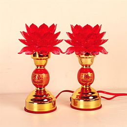 red candle holders Canada - 220V candle holder Buddha supplies Red color LED Lotus long light Ceramic alloy one pair Religious festival273n
