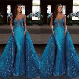 Blue Sequined Mermaid Evening Dress Strapless Sleeveless Custom Made Women Party Gown Detachable Train Prom Robe