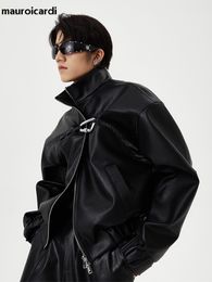 Men's Leather Faux Leather Mauroicardi Spring Autumn Short Black Oversized Shiny Reflective Patent Leather Jacket Men Zip Up Designer Y2K Clothes Fashion 220927