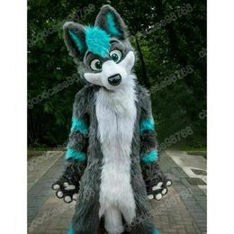 Performance Gray Long Fur Husky Dog Mascot Costume Halloween Christmas Fancy Party Dress Cartoon Character Outfit Suit Carnival Unisex Adults Outfit