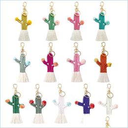 Keychains Rame Cactus Keychain Handmade Knitted Cotton Thread Wrapped Tassel For Women Fashion Boho Style Boutique Jewellery Drop Deliv Dhrdc