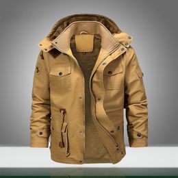 Winter Men Cargo Bomber Jackets Warm Thick Hooded Jacket Mens Velvet Coats Windbreaker Military Tactical Outwear Multiple Pocket