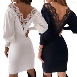 Casual Dresses Plus Size Mini Dress White Black Sexy Party Long Sleeve Lace-up Patchwork Backless V Neck Package Hip