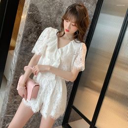 Women's Tracksuits Lace Women Suit 2022 Summer 2 Piece Set Short Sleeveless V Neck Ruffle Tops And Mini Shorts Crop Top Pants Two