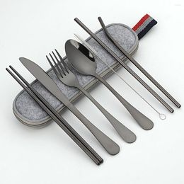 Dinnerware Sets Black Set Travel Camping Cutlery Reusable Silverware Metal Straw Knife Spoon Fork Chopsticks And Portable Case