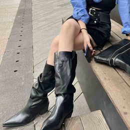 Boots Shoes Winter for Women Pointed Western Cowboy Wrinkled Stacked Women Summer and Autumn New British Style Niche Thick Heel High