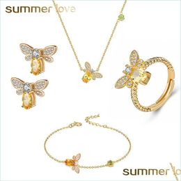 Link Chain Cz Bee Charm Bracelet Earrings Ring Necklace Set For Women Fashion Gold Copper Inlay Zircon Crystal Chain Jewellery Drop De Dhh1W