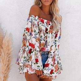 Women's Blouses Women Blouse Sexy Off Shoulder Long Flared Sleeve Floral Print Loose Shirt Top Oman Fashion 2022 Elegant Ropa De Mujer