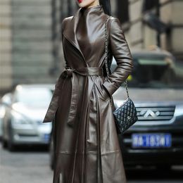 Women's Leather Faux Nerazzurri Autumn Long Brown Black Soft Trench Coat for Women Belt Skirted Elegant Luxury Fashion 5xl 6xl 7xl 220928