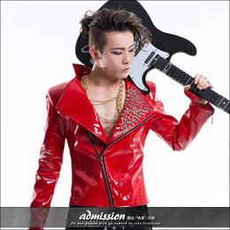 Men's Jackets High Quality Style Fashion Male Black Leather Dj Costume Gold Shine Rivet Clothing Outerwear Men's Jakcet