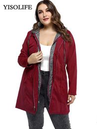 Trench Coats YISOLIFE Women's Clothing Mid-length Windbreaker Slim Fit Trench Fake Two Jackets Female Large Size With Hood Cotton Casual Coat Y2209