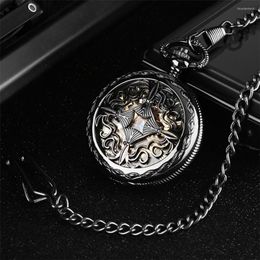 Pocket Watches Retro Black Hollow Pattern Mechanical Self-Winding Watch Gold Roman Numeral Skeleton Dial Pendant Automatic Antique Clock