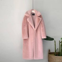 Women's Fur Faux Winter Warm Coat Thick Long Turn Down Collar With Belt Casaco Feminino 220927