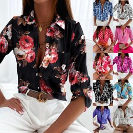 Women's Blouses 2022 Women Printed Flowers Blouse Europe And America Shirts Spring V-neck Clothes 11 Colors Drop