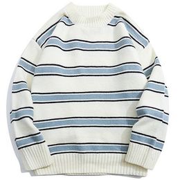 Men's Sweaters Striped Harajuku Oversized Sweater Autumn Japanese Style Round Neck Spliced Color Loose Couples Hip Hop Knitted Sweater 220928