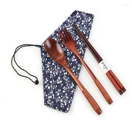 Dinnerware Sets 3PCS Wooden Set Japan Korean Fork Spoon Chopsticks With Storage Bag Portable Tableware Lunch Box Bento