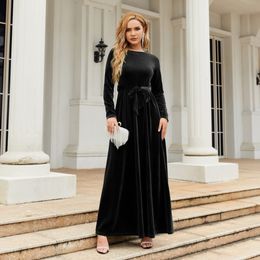 Black Dresses for Women Round Neck Warp Long Sleeve Elegant Velvet Cocktail Maxi Dress with Belt Fall Dress 2022