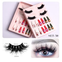 Thick Curly Christmas Mink False Eyelashes & Nail Set Messy Crisscross Hand Made Reusable Multilayer Fake Lashes Extensions Makeup Accessory for Eyes