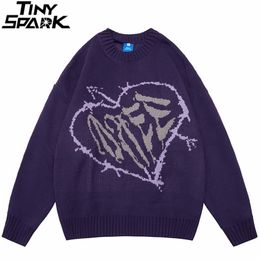 Men's Sweaters Men Sweater Streetwear Heart Graphic Knitted Sweater Hip Hop Vintage Pullover Autumn Cotton Harajuku Retro Sweater Purple 220928