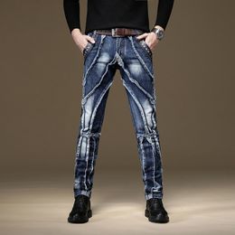 Men's Jeans Light Luxury Mens Slim fit Patchwork Blue Denim Pants Beggar Style Nightclub Performer Trendy Sexy Street Pants 220927