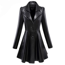 Womens Leather Faux Women s Jackets Nerazzurri Fit and Flare Faux Leather Coat Notched Lapel Long Sleeve Puff Skirted Black Elegant Blazer Slim Fit 220928