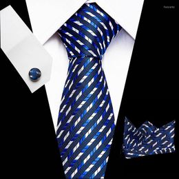 Bow Ties Gold Blue Striped Tie Silk Woven Men Necktie Hanky Cufflinks Set Luxury Men's Party Wedding Pocket Square