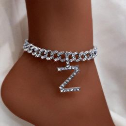 Anklets Luxury Rhinestone A-Z Letter Initial For Women Summer Beach Cuban Link Chain Ankle Bracelet 2022 Barefoot Jewelry