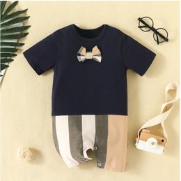 Lovely Baby Boys Girls Striped Rompers with Bowtie Summer Newborn Cotton Jumpsuits Toddler Short Sleeve Onesies Infant Romper 0-24 Months