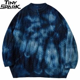 Men's Sweaters Hip Hop Knitted Sweater Streetwear Tie Dye Sweater Harajuku Cotton Casual Pullover Men Autumn Winter Sweater Blue Brown 220928