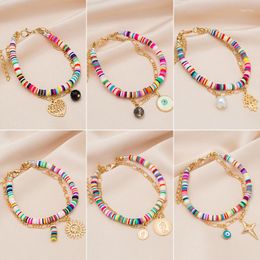 Bangle Boho Colourful Polymer Clay Bracelet Fashion Multi-Layer Coin Sun Palm Eye Shape For Friend Couple Gifts