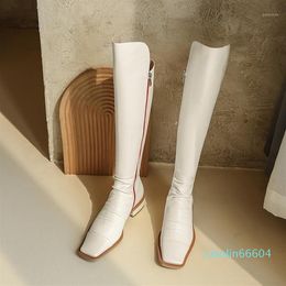 Boots White Square Toe Flat Knee-high Pleated Zip Long Tube Women Shoes Riding Equestrian Cow Leather Fall Winter