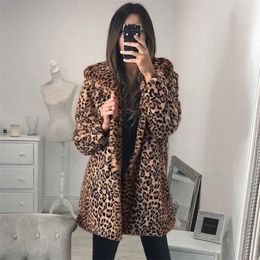 Womens Fur Faux Fur Leopard Elegant Faux Fur Coat Women Spring Autumn Warm Soft Jacket Female Printed Overcoat Casual Hooded Lady Outerwear 5XL 220927