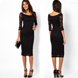 Casual Dresses Selling Black Lace Mesh Women Sexy Dress O-neck Mid Calf Sleeve Length Party Plus Size 2022