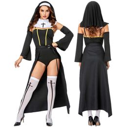 Sahne Giyim Seksi Rahibe Gelin Yetişkin Kadınlar Cosplay Church Misyoner Misyoner Kız Kardeş DressboDysuit Socks Headscarf Kollu Tutma T220927