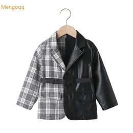 Jackets est Fashion Girls Long Sleeve Plaid Patchwork PU Single-breasted Top Coat Children Jacket Kids Baby Leather Outwear 2-7Y 220928