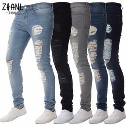 Mens Jeans Hip Hop Black Moto Skinny Ripped Pure Color Denim Pants Male Casual Stretch Slim jogging Pencil Pant 220928