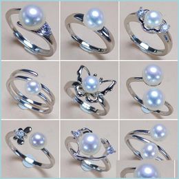 Solitaire Ring Real Natural Freshwater Pearl Rings S925 Sier Ring For Women Adjustable 5-7Mm Oblate Fashion Jewelry Wedding Gifts Dro Dh2Ai