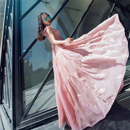 Summer Woman Dress Romantic Large Hem Pink Gold Printing Chiffon Elegant Female X-long Socialite Maxi Dresses