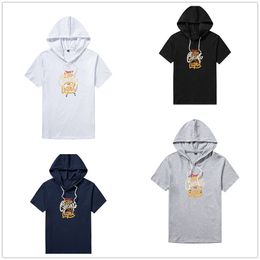Summer Fashion Hooded Short-Sleeved T Shirts Men's Letter Printed Breathable Hoodies Male Casual Drawstring Hip Hop Streetwear